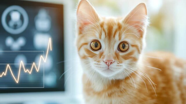 Cute kitten stares forward with curious eyes. Medical screen glows behind, showing graphs and icons. Soft lighting highlights fur texture and whiskers