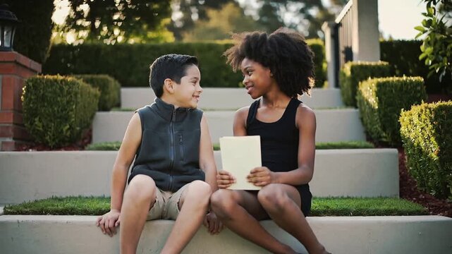 Shifting book, girl guiding boy turning toward her on front steps, in summer clothes, sharing story