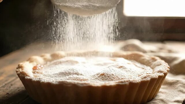 Confectioners Sugar Sifting Over Rustic Sweet Pastry, Revealing Warm Pastry Texture of Appetizing Baked Good, a Fresh Baked Dessert for Baking Blogs and Gourmet Pastry Footage