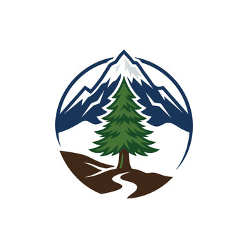 Circular pine tree emblem with snowy mountain background