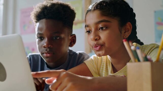 Pointing pair in yellow and dark shirts solving assignment on laptop in class, with pencils