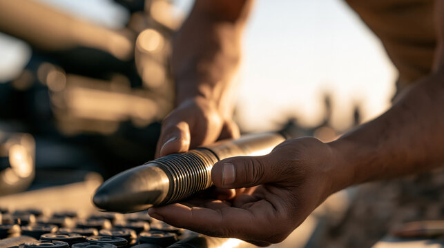 Cropped hands holding artillery shell preparing ammunition for howitzer during combat training armament and defense concept professional army operations precision with copy