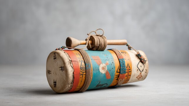Antique painted cylindrical drum with horn