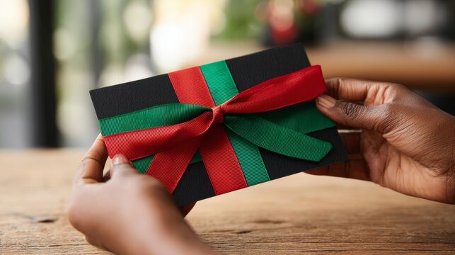Hands holding black card with red and green ribbon bow on wooden table