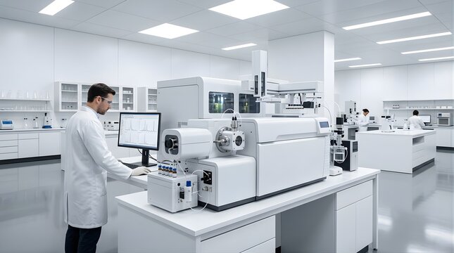Scientist using high-tech mass spectrometer in a modern chemical laboratory