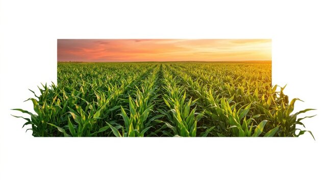 Green corn field rows growing in a farm landscape at sunset isolated on a plain white background