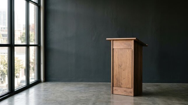 Empty Wooden Podium in Modern Room with Large Windows