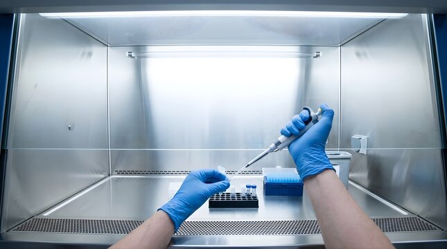 Scientist using pipette in a laminar flow hood for laboratory research