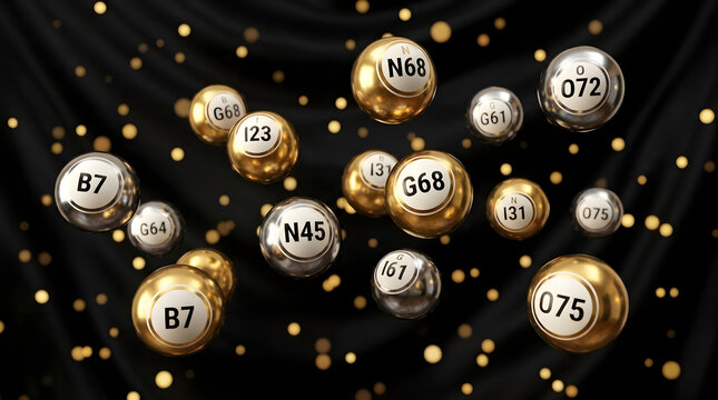 Golden bingo balls with numbers on black background for gambling and lottery games