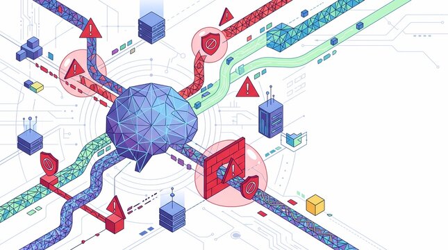 Artificial Intelligence Cybersecurity Operations Center Conceptual Isometric Data Network Illustration