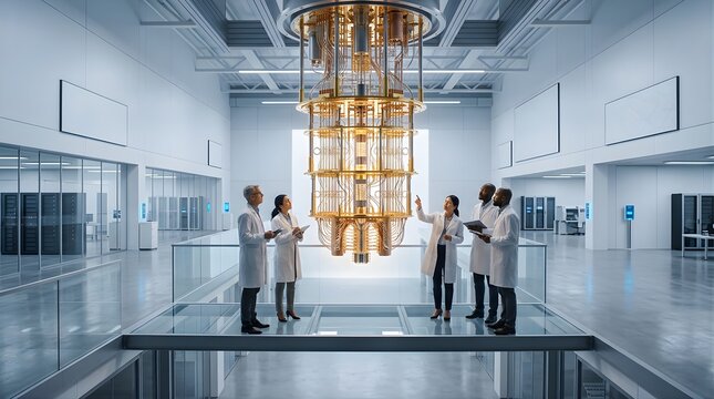 Scientists examining quantum computer in a modern research laboratory facility