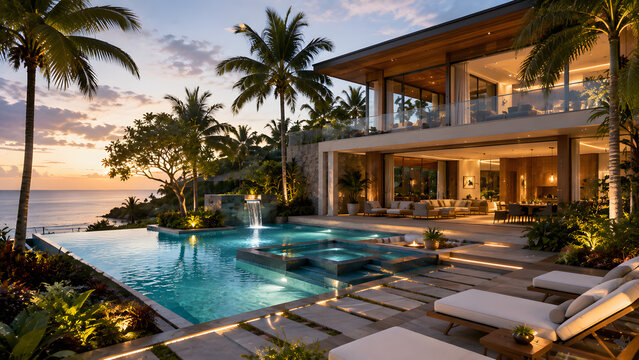 Luxury villa with infinity pool overlooks the ocean at sunset