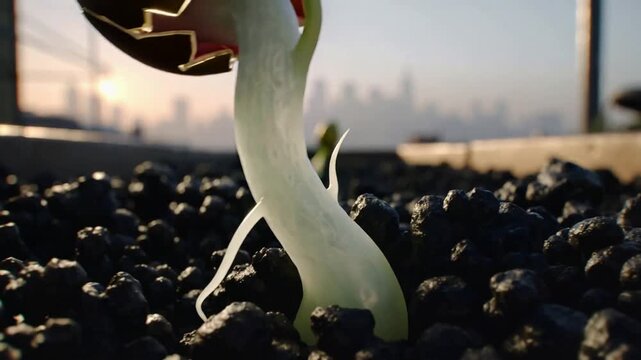 Sprouting single brown seed pushing upward in rooftop wooden planter, driven by hazy sunrise