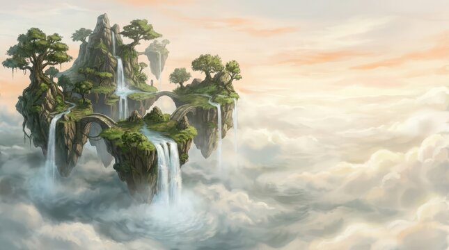 A breathtaking fantasy landscape featuring a lush floating island with cascading waterfalls amidst a sea of clouds