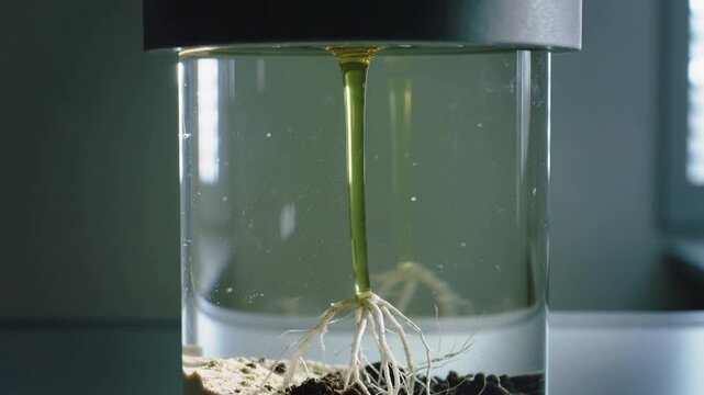 Activating pump causing green stem descending into laboratory cylinder, submerging white root crown