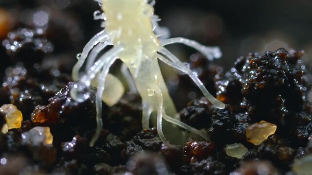 Emerging pale larva pushing upward from moist soil, beads causing tentacles probing and anchoring