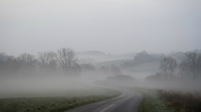 A soft hazy cityscape slowly appears through a dense blanket of fog with indistinct structures and a desaturated color scheme