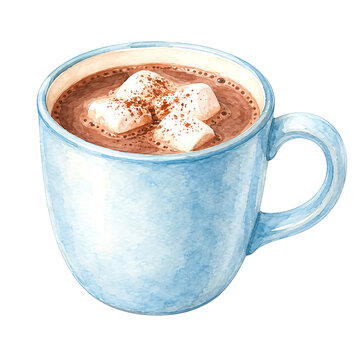 Blue cup of hot chocolate milk marsmellow on top drawwith watercolor technique