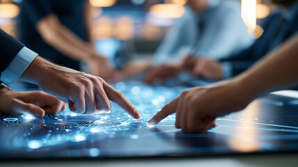 Fototapeta premium Group of figures strategizing around table in modern operation room cropped hands pointing at map planning for intense battle concept teamwork coordination indoor with copy