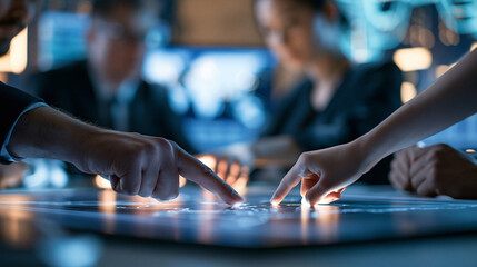Fototapeta premium Group of figures strategizing around table in modern operation room cropped hands pointing at map planning for intense battle concept teamwork coordination indoor with copy