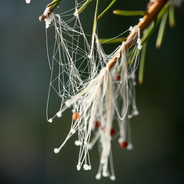 Cobweb filaments draped like spun silk on a frosted pine needle, revealing winter's gentle approach,  fall,  delicate