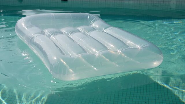Water shifting, white inflatable mattress drifting, rotating near tiled pool wall, creating ripples