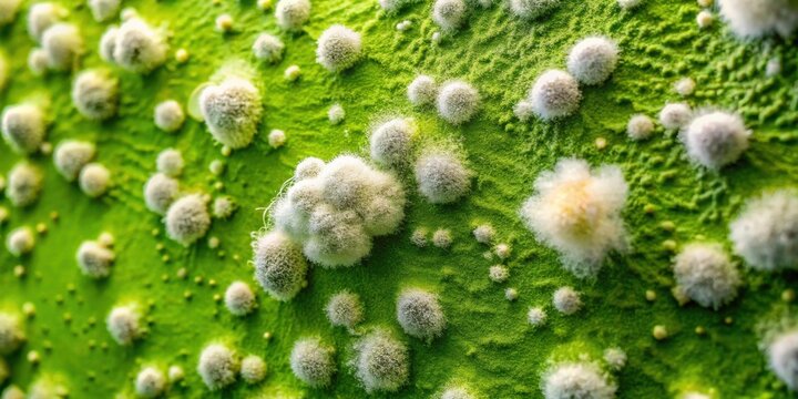 Close-up view of a textured surface with numerous small, fuzzy, white growths scattered across a vibrant green backdrop.