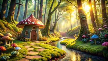 Fototapeta premium Enchanted Mushroom Home nestled beside a tranquil stream in a sun-dappled forest, a whimsical scene of fantasy