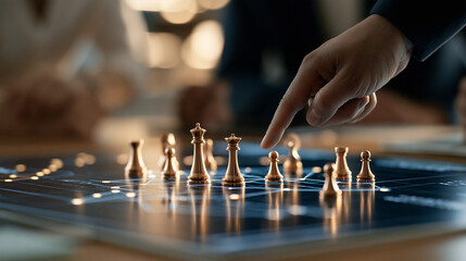 Fototapeta premium Group of figures gathered around table analyzing data and discussing battle tactics cropped composition teamwork strategy planning concept indoor with copy space