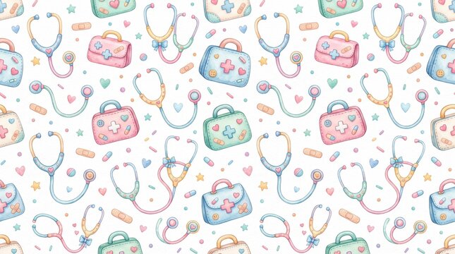 Watercolor Medical and Doctor Toy Seamless Pattern for Kids