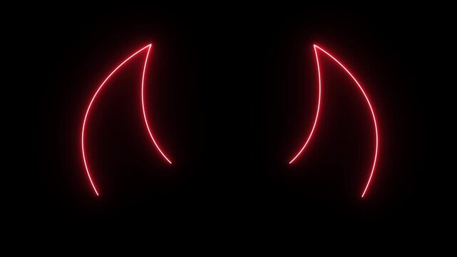 A pair of red neon-style devil horns curving toward the center against a black background, with a white play button icon positioned in the middle.