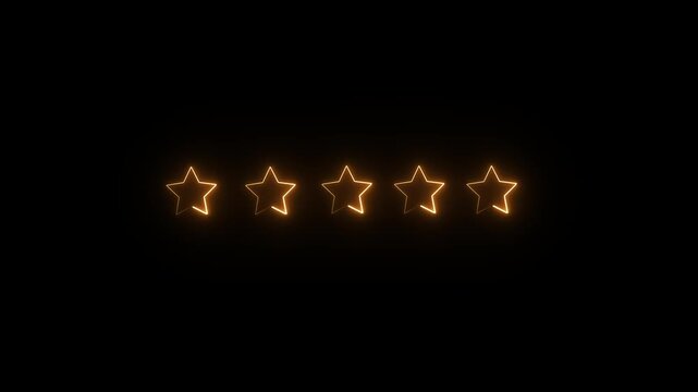 A five-star rating animation featuring golden glowing neon stars set against a black background.
