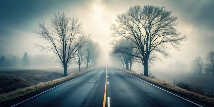 A misty road winds through a landscape of leafless trees, the path ahead shrouded in an ethereal fog, promising a journey into the unknown.