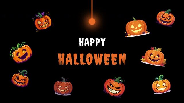 Happy Halloween animation featuring a collection of expressive cartoon jack-o-lanterns and a swinging glowing orange light on a black background with alpha channel for transparency