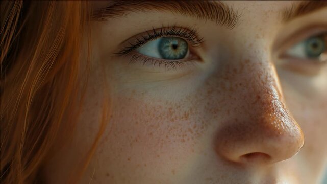 A detailed portrait showing the skin texture and vibrant eye color