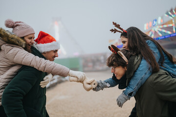 Fototapeta premium Two couples in winter coats playfully tug mittens while giving piggyback rides. A festive moment with friends wearing a Santa hat and reindeer antlers at an outdoor fair.