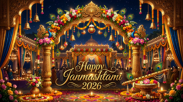 Colorful Janmashtami festival background with vibrant decorations