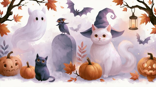 Event Halloween cute ghost white cat witch hat pumpkin jack o lantern autumn leaves bat bird tombstone lantern spooky season