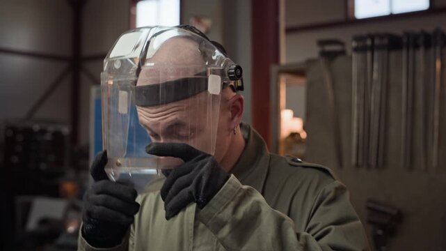 Young adult Caucasian male metalworker holding angle grinder, removing protective face shield, and wiping sweat from forehead in workshop. Footage is ideal for industrial safety training videos
