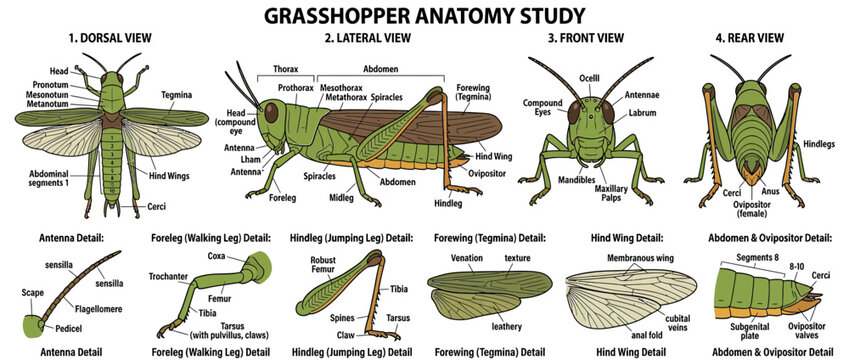 Grasshopper Anatomy Study: Insect Biology and Entomology Diagram