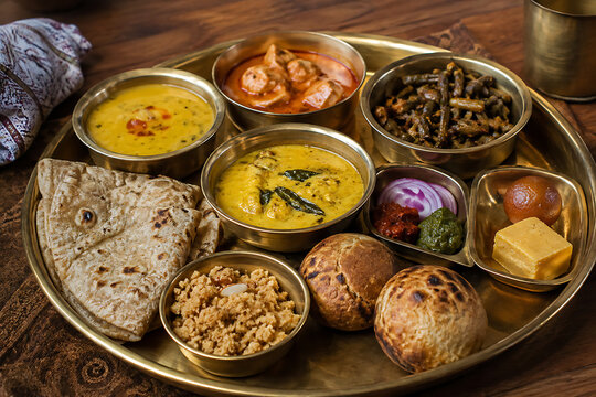 Traditional Rajasthani thali with dal baati churma, gatte ki sabzi, ker sangri, kadhi, roti and sweets, brass thali
