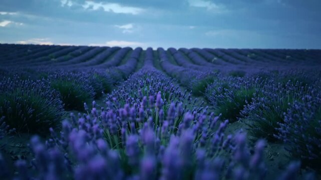 Pulling back camera revealing lavender spikes swaying on field under dusk sky showing rows and soil