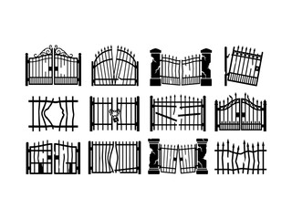 Obraz premium Broken iron gate silhouette collection for cemetery entrance or haunted house backgrounds.