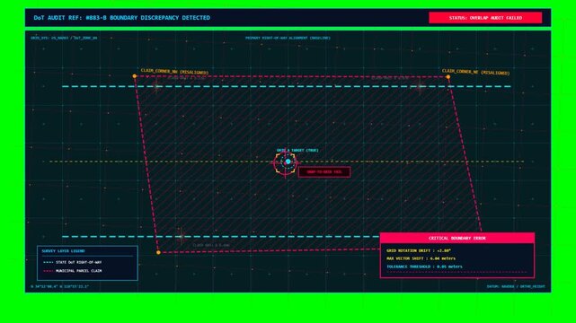 Futuristic digital HUD interface displaying boundary discrepancy errors and cartographic grid data