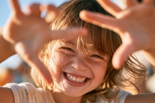 Bright close-up of a cheerful girl showing a framed smile with hands and natural light