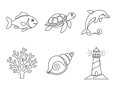 Sea creatures and ocean elements set, minimalist one line art drawing of dolphin turtle and lighthouse