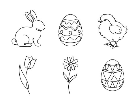 Easter elements set, continuous one line drawing of bunny, chick, egg, and flower