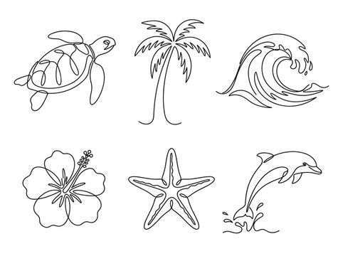 Tropical line art collection, sea turtle, palm tree, wave, hibiscus, starfish, dolphin, one line drawing