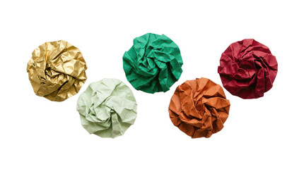 Obraz premium Five crumpled colorful paper balls isolated on transparent background