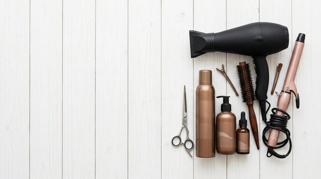Professional Hairdresser Tools and Hair Care Cosmetics Flat Lay Concept on White Wooden Background with Copy Space for Text
